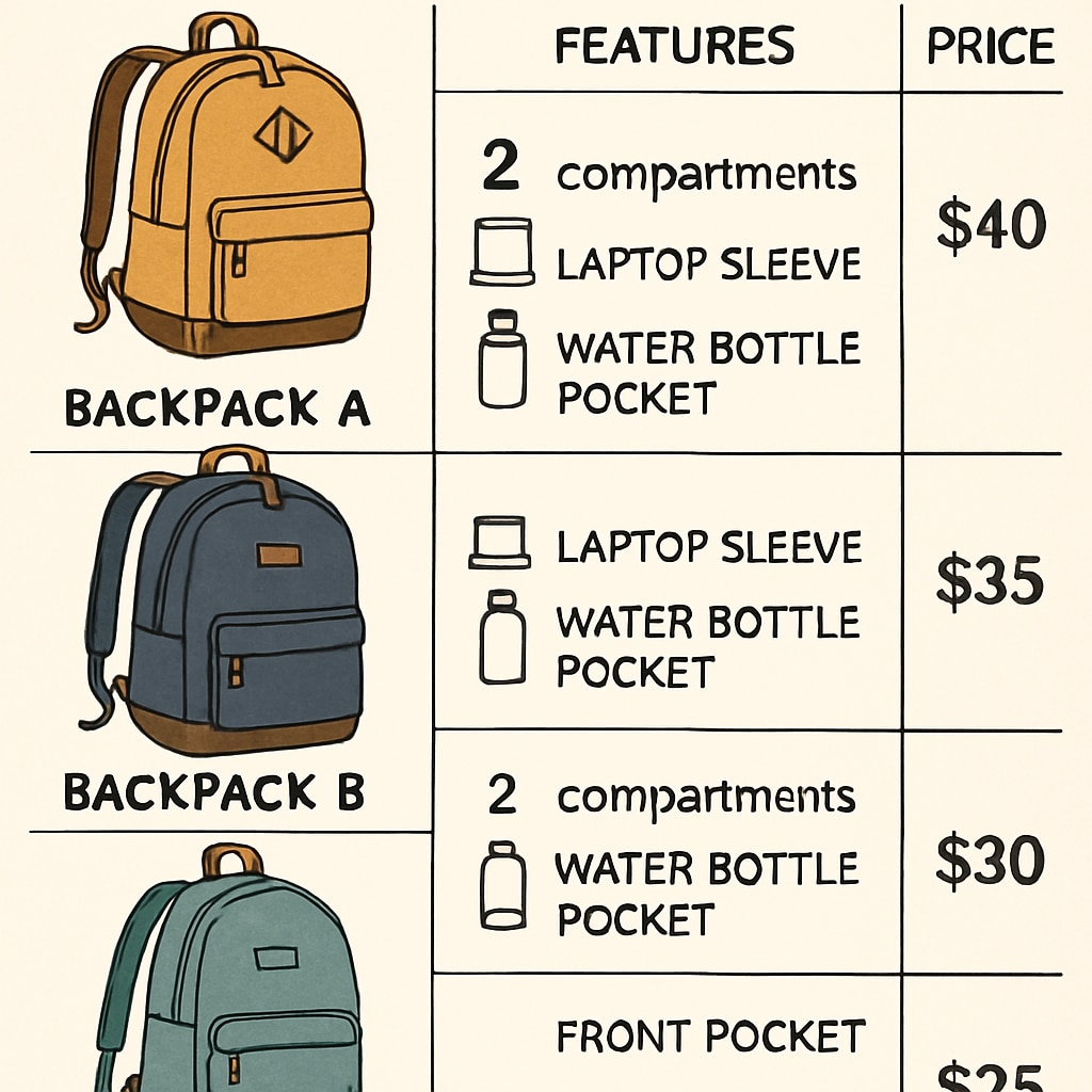 A comparison chart of popular college backpacks, highlighting features and prices, with a focus on affordability and practicality. Comparison of popular affordable and practical college backpacks