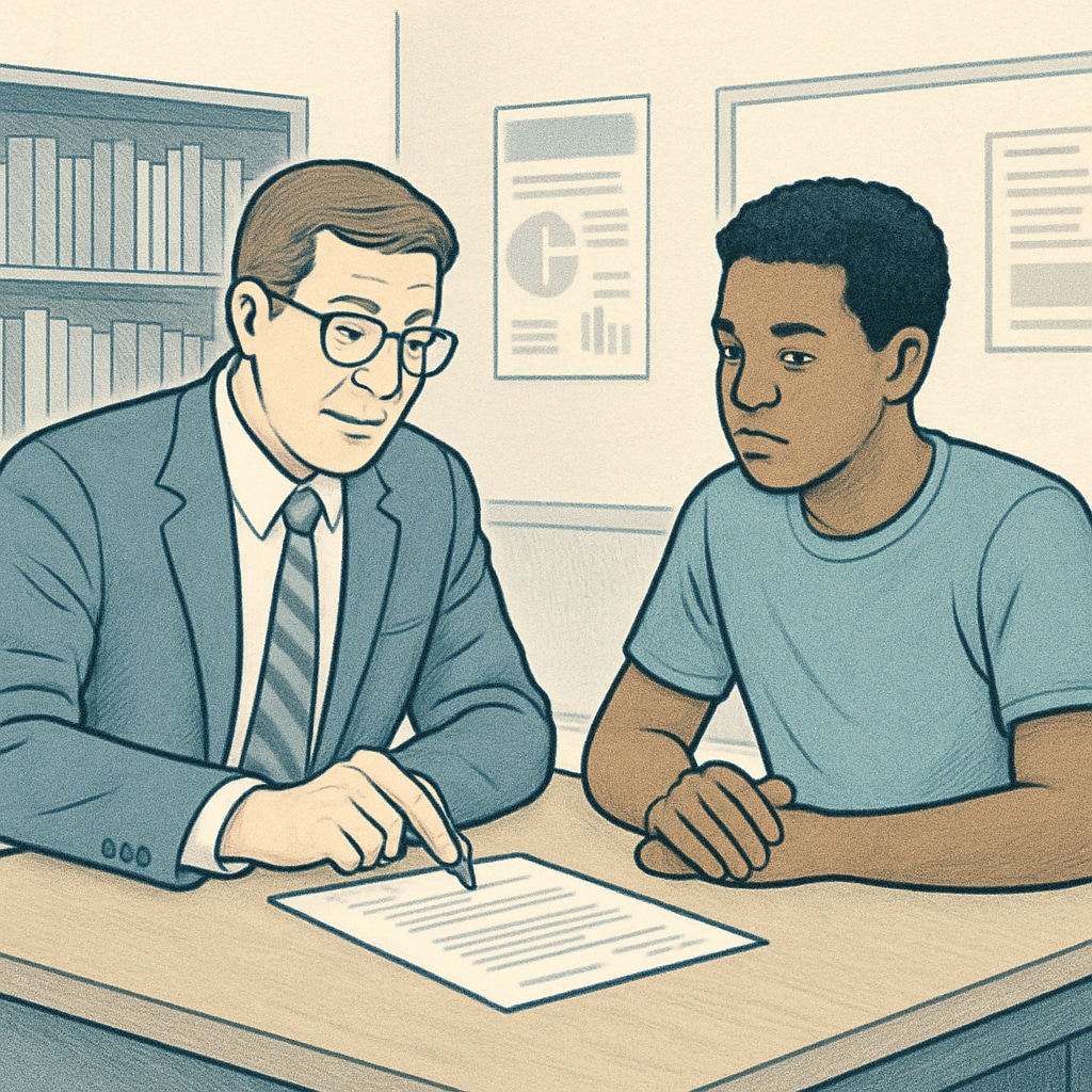An academic advisor discussing course retake strategies with a student. Academic advisor providing guidance on retaking courses for improved GPA and Harvard admissions chances.