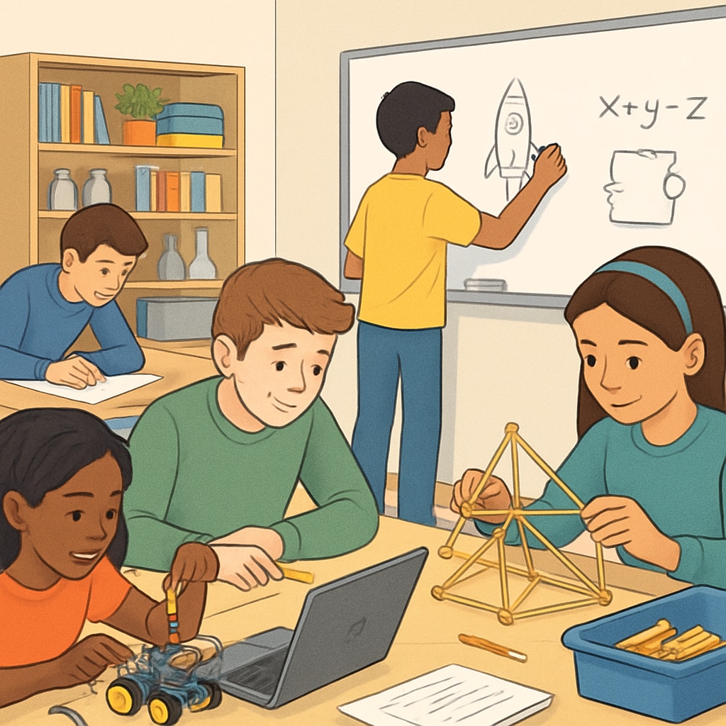 A modern classroom environment where students engage in collaborative, hands-on learning activities focused on interdisciplinary problem-solving. Students in a modern classroom showcasing collaborative learning essential for AI-driven education reform.
