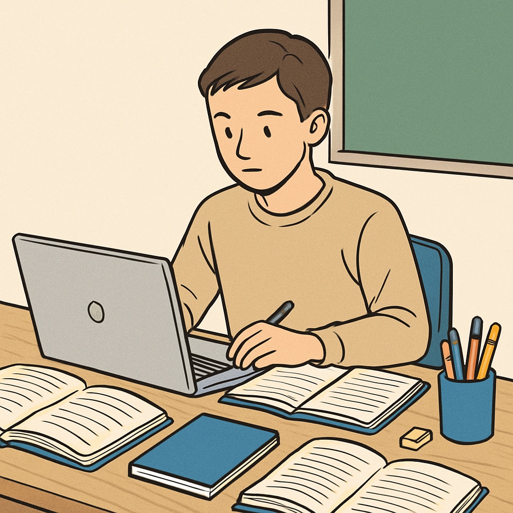 A high school student studying with a laptop, surrounded by books and notes. The image highlights the concept of using external resources for academic success. High school student studying educational courses and external learning resources