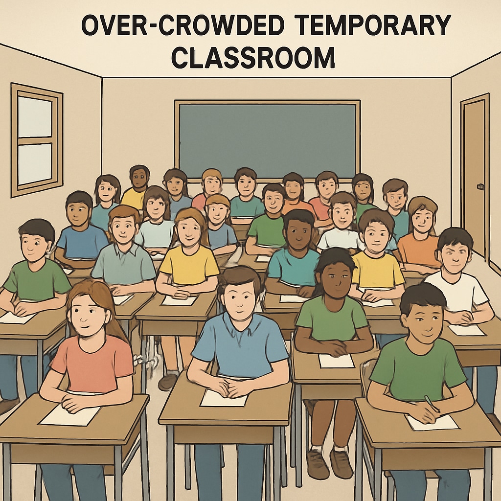 Overcrowded classroom highlighting the impact of reduced space on elementary education.