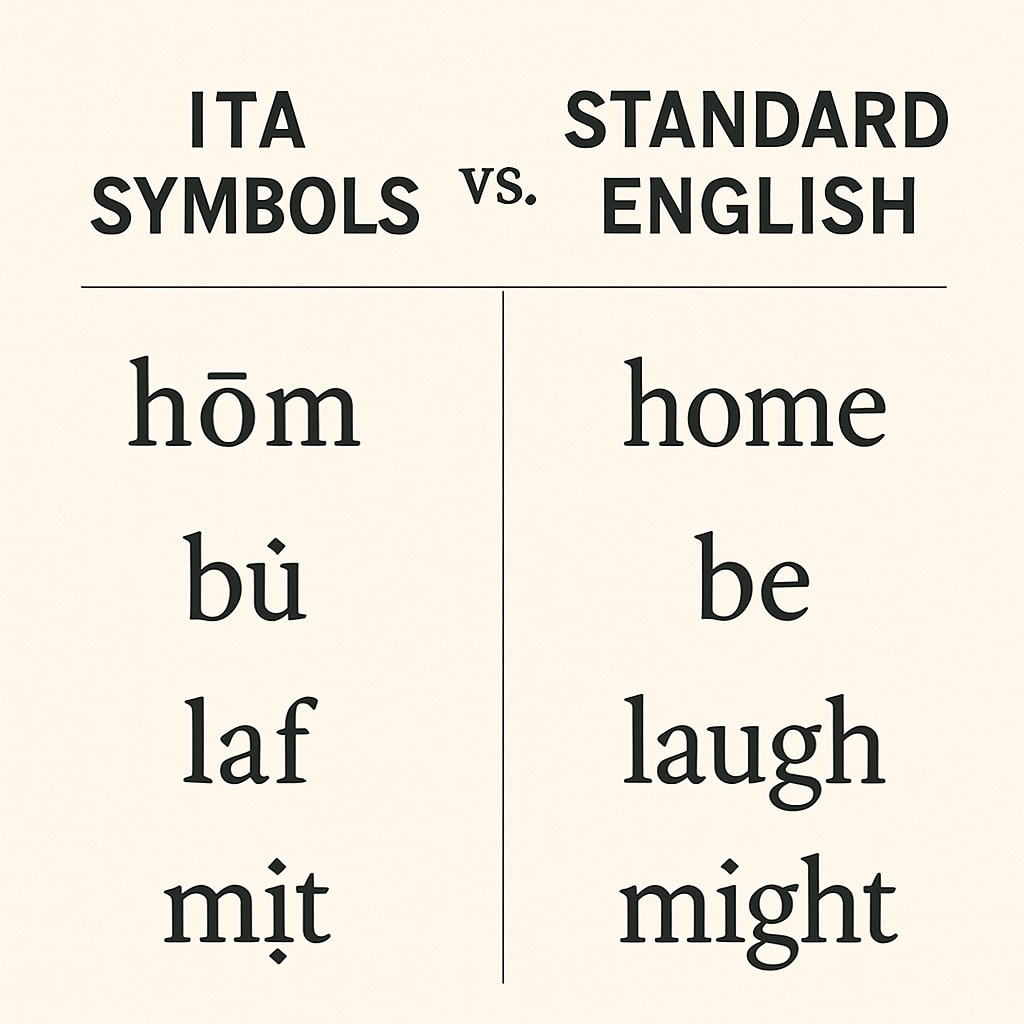 Comparison of ITA symbols and English spelling