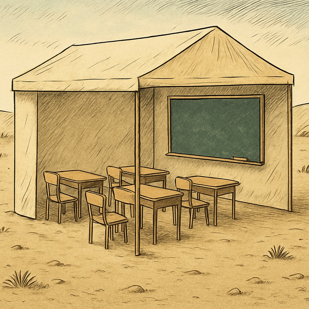 Temporary classroom emphasizing the impact of limited resources on student learning.