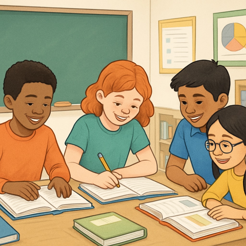 A group of diverse K12 students working collaboratively in a classroom setting, symbolizing a learning community. K12 students collaborating in a learning community.