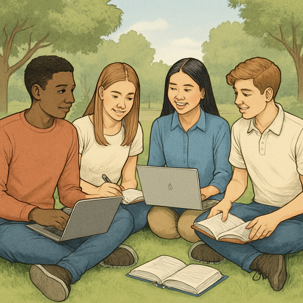 A group of diverse high school students studying together outdoors, using laptops and books. High school students using extracurricular learning resources outdoors.