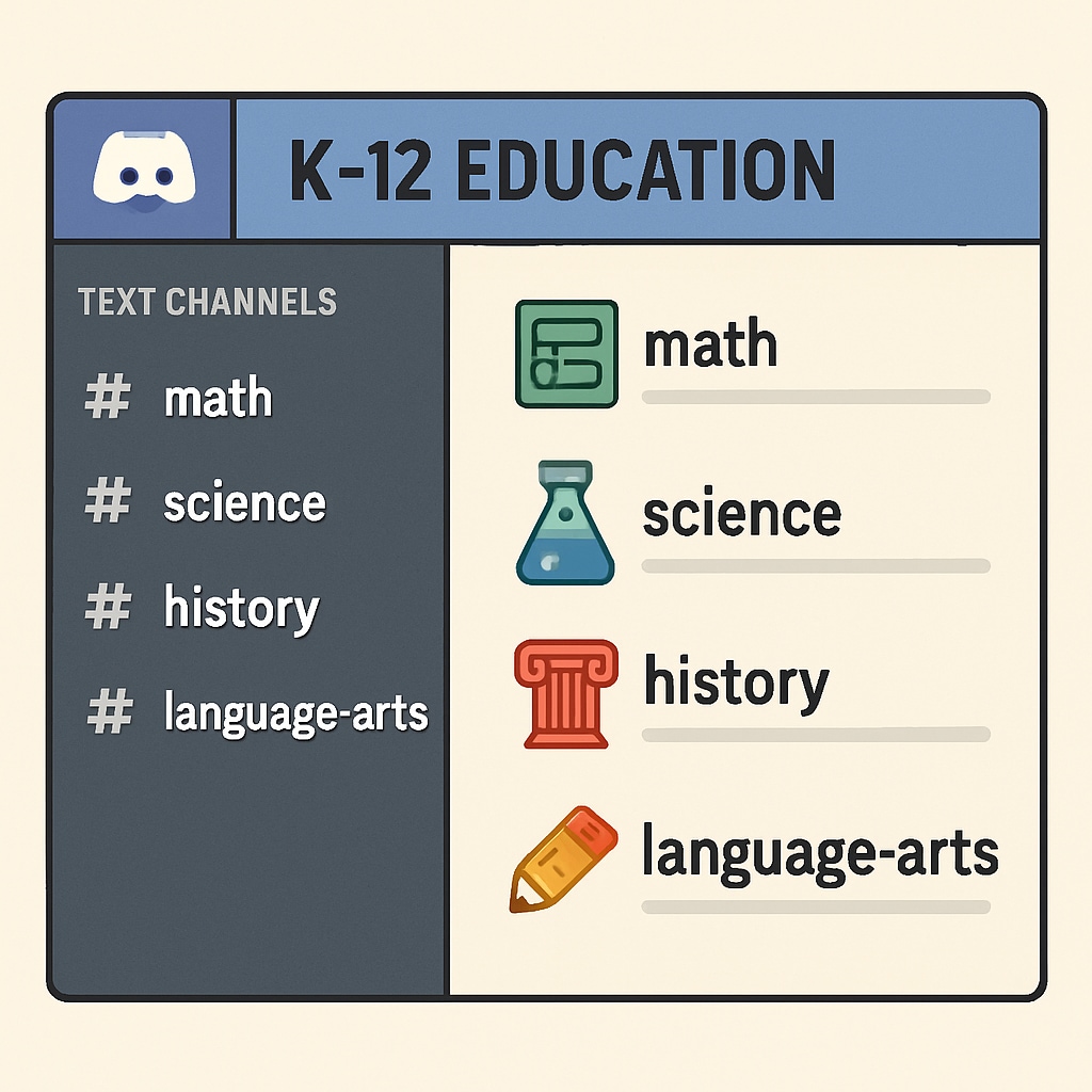 A screenshot showcasing a well-organized Discord server with channels dedicated to various K12 subjects. Discord server example for K12 learning groups.