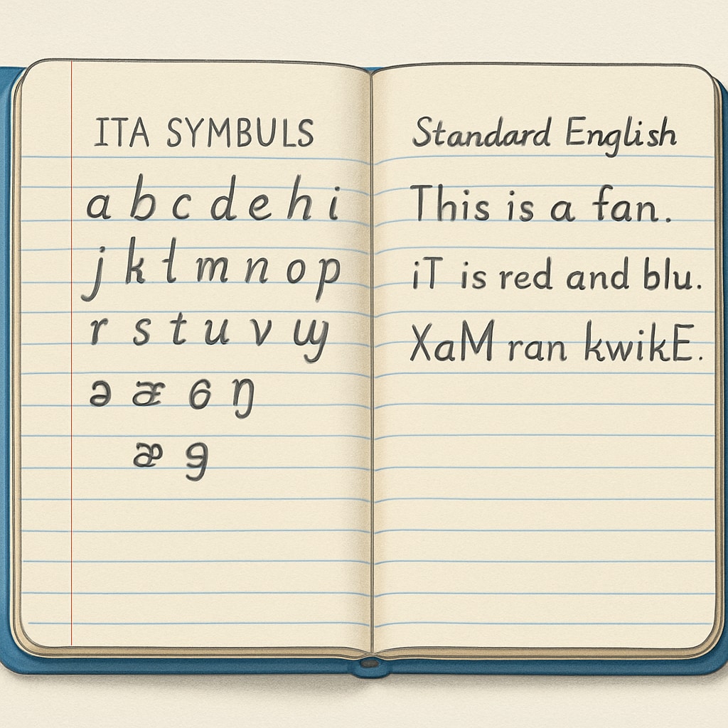 A student's notebook displaying ITA spelling alongside standard English.