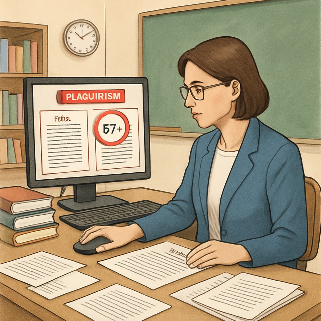 A teacher reviewing essays with a plagiarism detection tool on their computer screen, symbolizing overreliance on technology in detecting plagiarism. Teacher using a plagiarism detection tool to evaluate student essays.