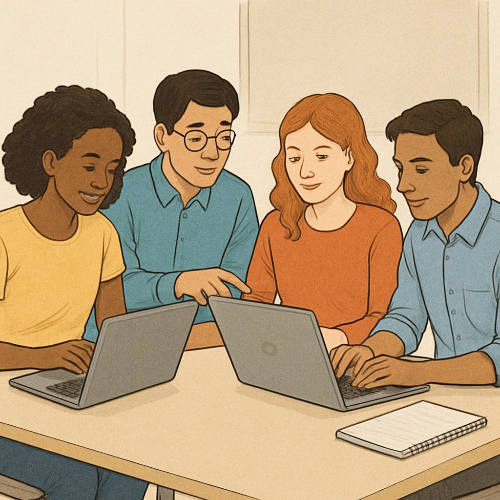 A group of diverse students collaborating on a project while using laptops, symbolizing a learning community. Students collaborating on laptops in a learning community