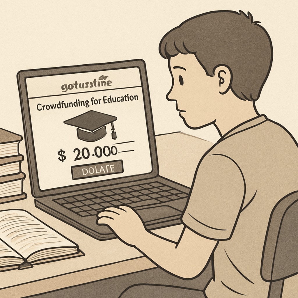 A young student with books and a laptop, looking at a crowdfunding page for education. The image reflects the topic of GoFundMe and financial challenges in higher education. Student using GoFundMe to crowdfund for college tuition.