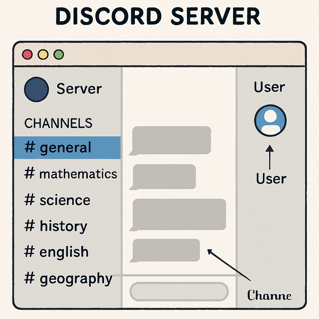 A screenshot of a Discord server showcasing labeled channels for different subjects, demonstrating how the platform supports organized study. Discord server channels for study groups