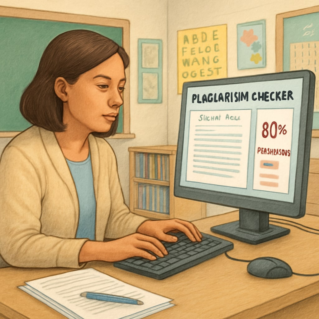 Teacher reviewing student essay with plagiarism detection software