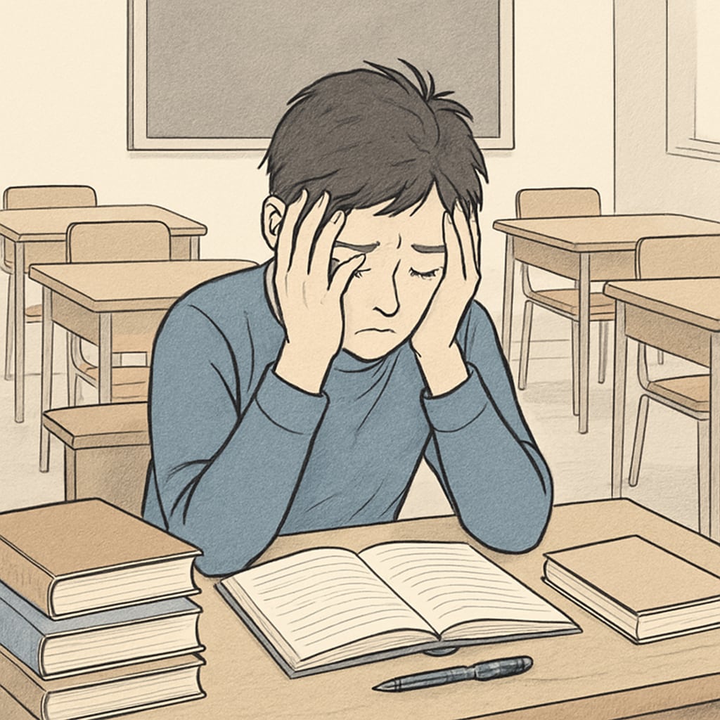 Distressed student in classroom after plagiarism accusation