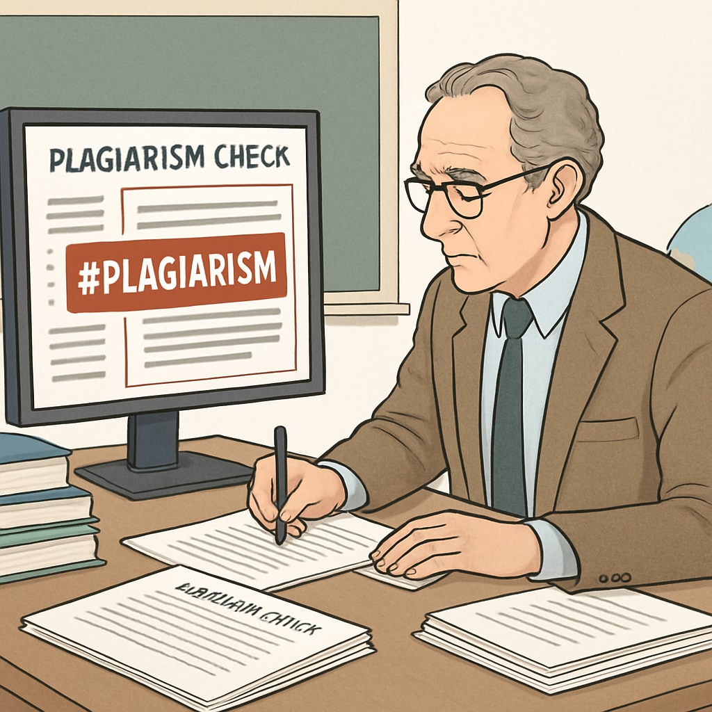 A professor analyzing a student's academic paper with plagiarism detection software, showcasing academic assessment challenges. Professor using plagiarism detection software to assess student work