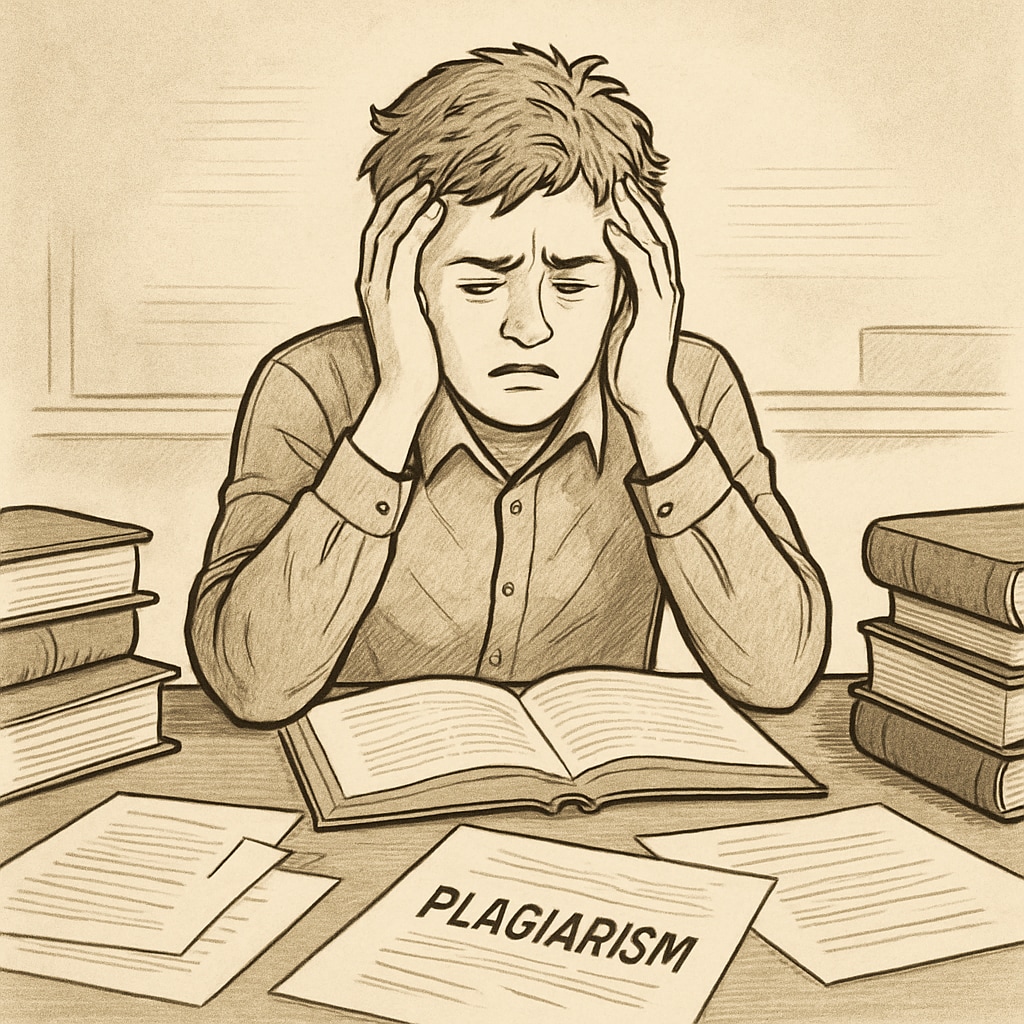 A distressed student sitting at a desk surrounded by books and papers, representing the emotional impact of wrongful plagiarism accusations. Distressed student facing emotional effects of plagiarism accusations