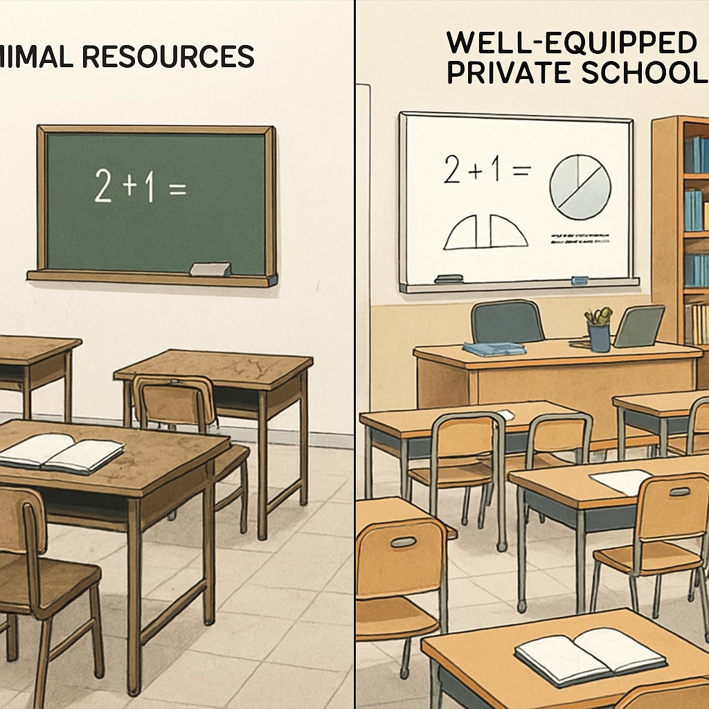 A classroom with minimal resources compared to a well-equipped private school classroom, highlighting resource disparities. Classroom resource disparities in public vs. private schools.