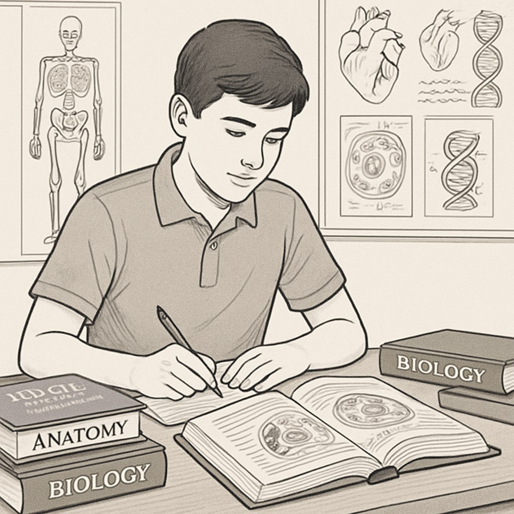 A high school student studying biology with medical textbooks, representing educational challenges for aspiring medical professionals.