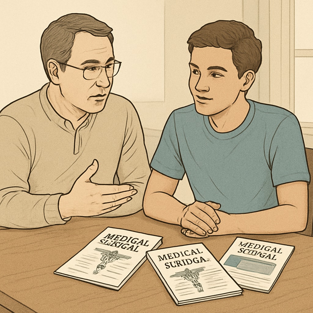 A parent and student discussing medical career goals, illustrating family dynamics in shaping aspirations.