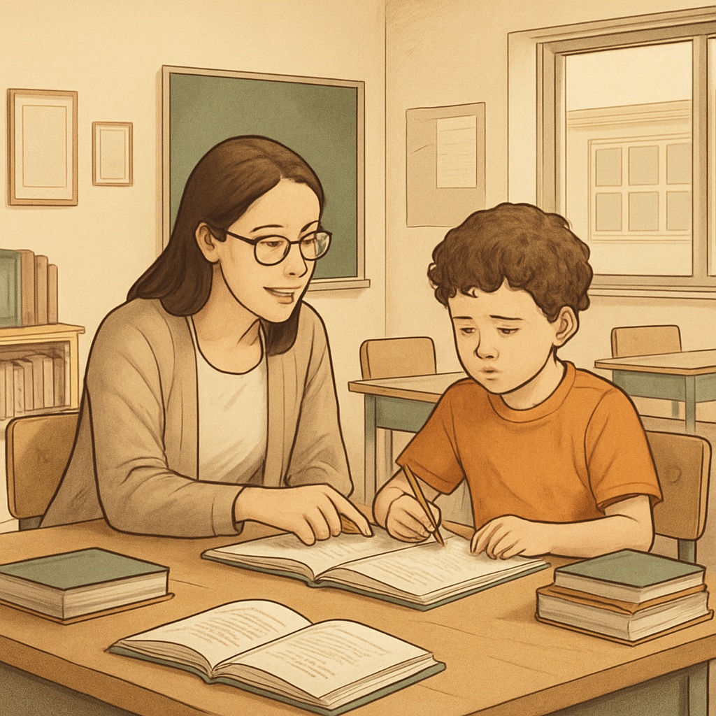 Special education classroom with autism teaching assistant working with a student.