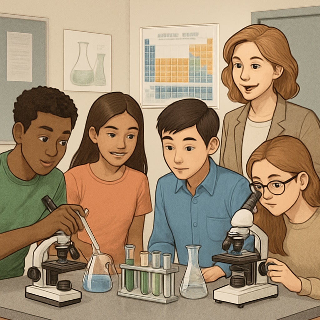 A diverse group of high school students working on a science experiment together, with the teacher providing guidance. High school students collaborating on a science experiment with teacher support