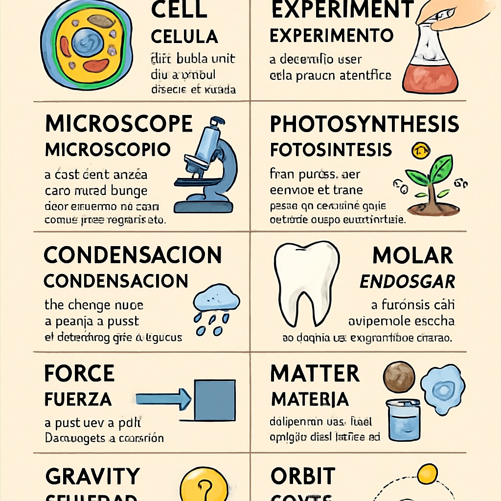 A bilingual science glossary showing key terms in English and another language, such as Spanish or Mandarin. Bilingual glossary for science terms supporting English learners