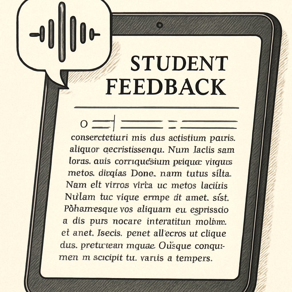 A close-up of a tablet displaying a student feedback document generated through speech-to-text technology. WillowVoice-generated student feedback document displayed on a tablet.