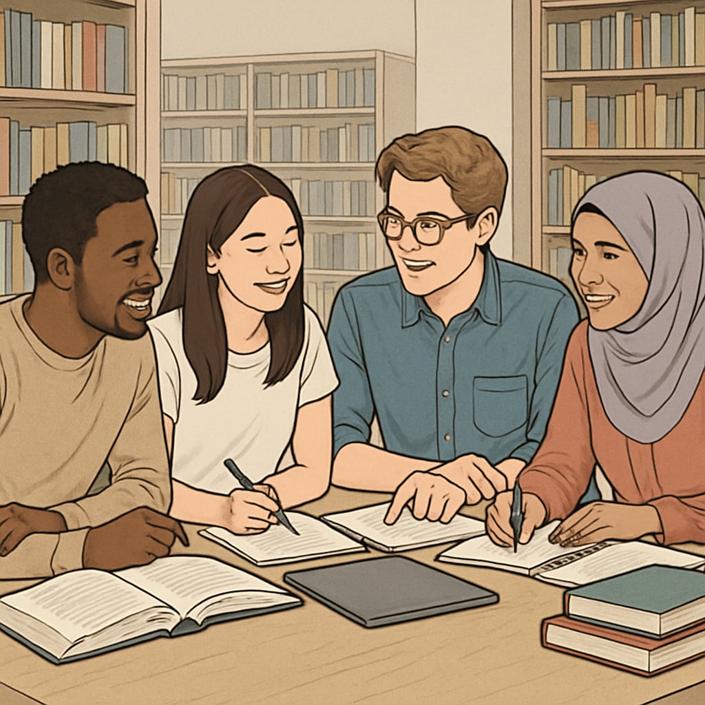A group of diverse college students studying together in a library, symbolizing the universal challenges of higher education. Diverse college students studying together, reflecting challenges in education.