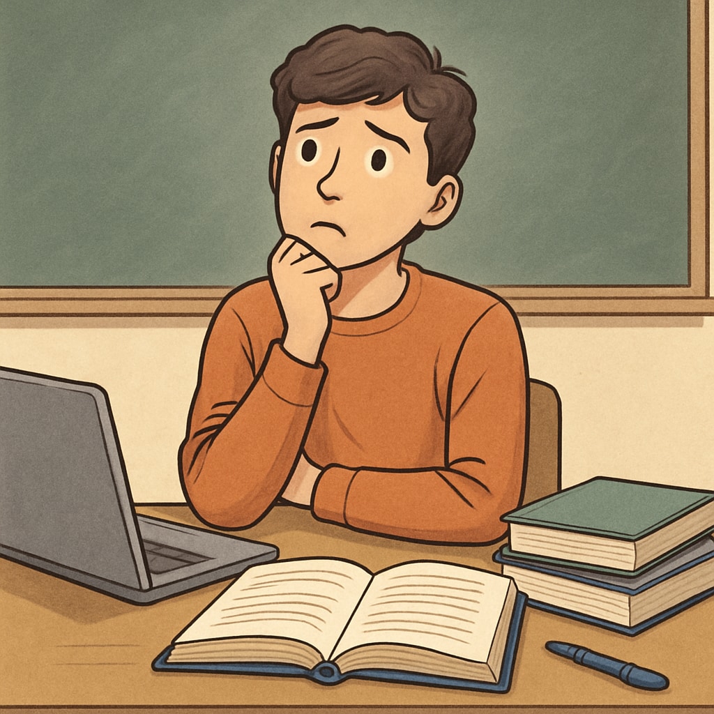 A student sitting at a desk with books and a laptop, looking thoughtful; representative of the decision-making process after failing A-level exams. Student contemplating education choices after A-level exams.