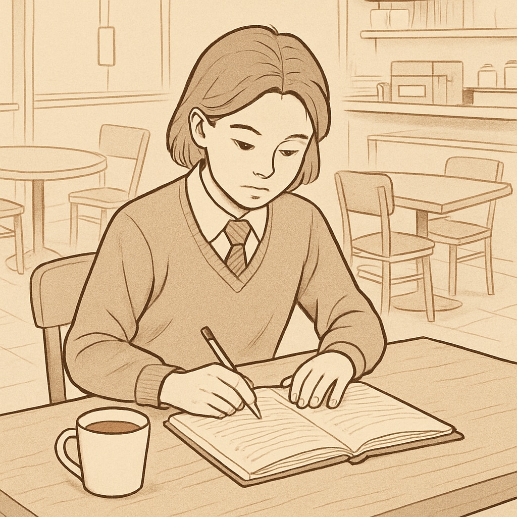 A high school student working at a local café, studying from a notebook during a break. The image conveys the balance between work and academics. High school student balancing work and studies at a café