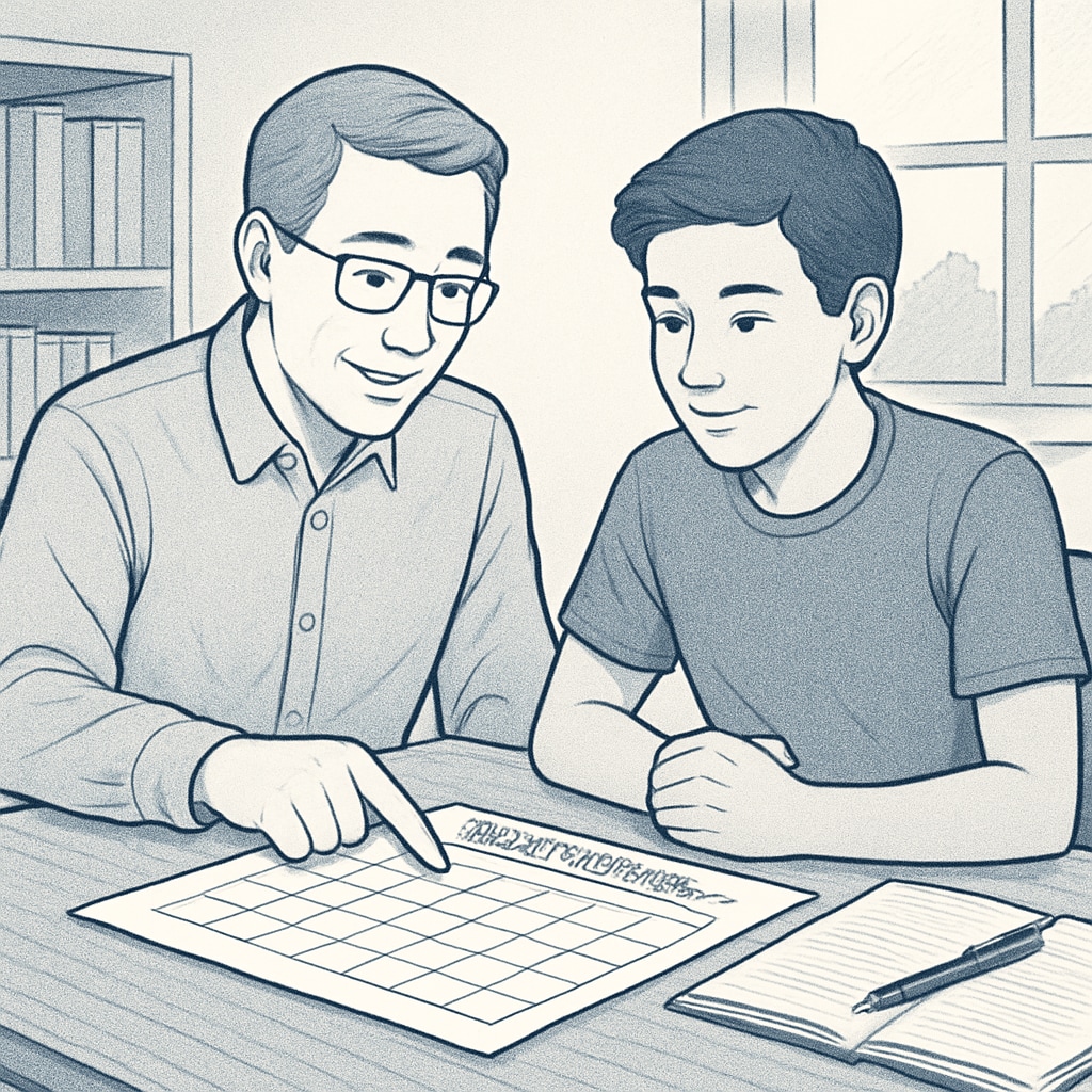 A parent discussing a weekly schedule with their high school-aged child, including study time and work shifts Parent helping their high school-aged child plan balance between work and academics