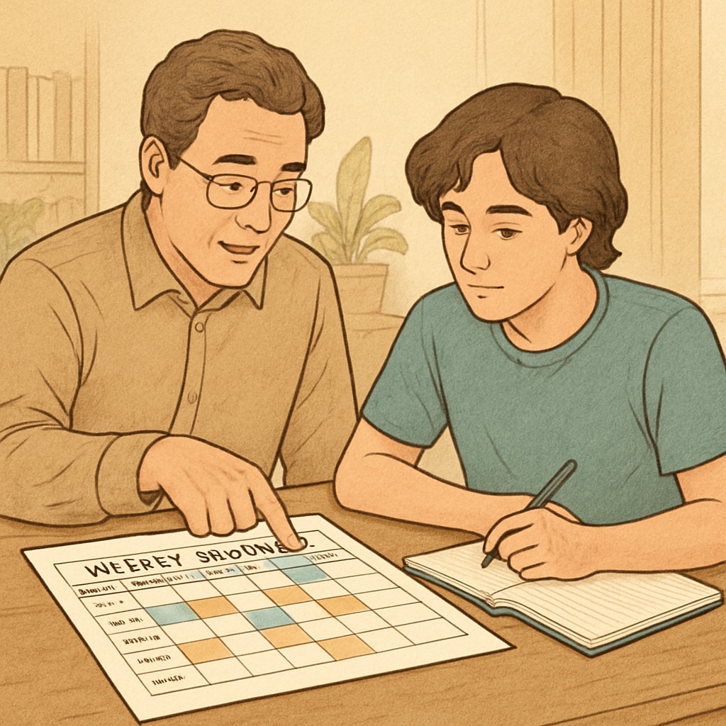 A parent and teenager reviewing a weekly schedule together to discuss balancing work and school. Parent supporting teen in managing work and school responsibilities