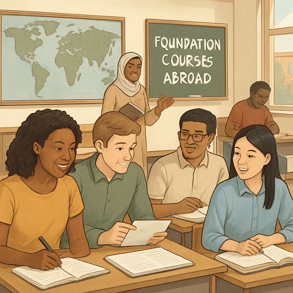 An international classroom setting with diverse students engaged in learning; illustrating foundation courses abroad. International classroom showing diverse students in a foundation course setting.