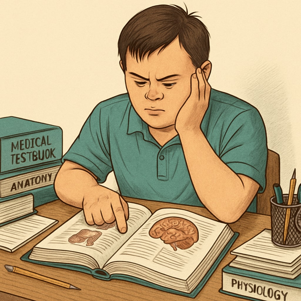 A student with learning disabilities studying medical textbooks, showing determination and focus. The image highlights resilience and the pursuit of a challenging dream. Student with learning disabilities studying medical materials, showing determination.