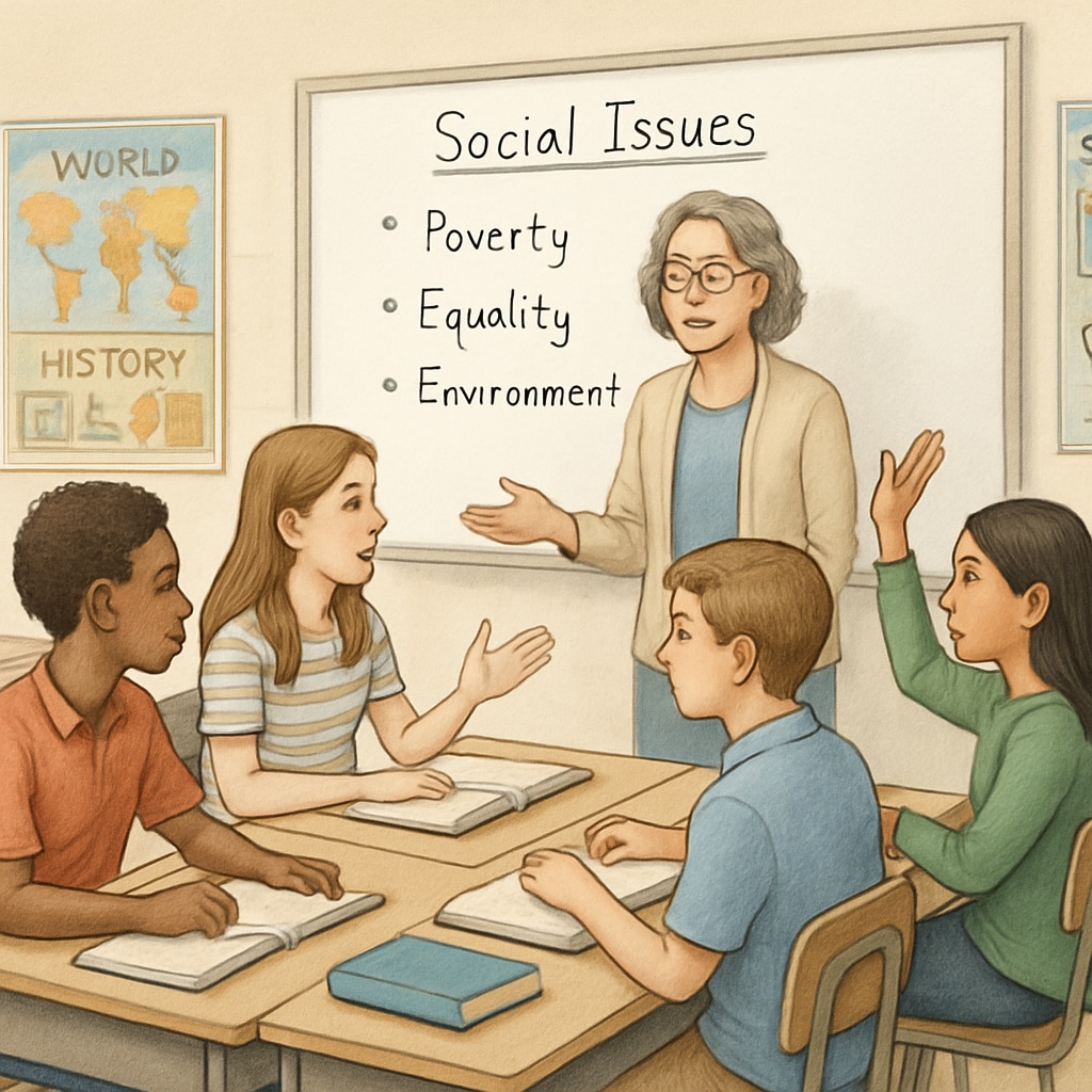 A classroom discussion among K12 students analyzing social issues to understand political ideologies. Students discussing wokeness and political ideologies in school settings.