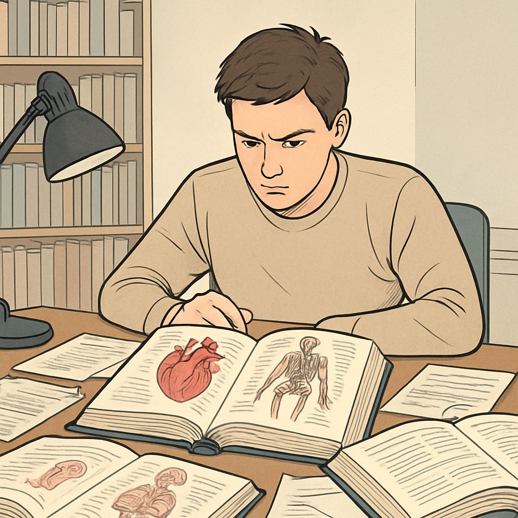 A student sitting at a desk with medical textbooks, appearing focused but surrounded by papers indicating struggle. The image symbolizes the challenges students face within the education system while pursuing medical dreams. Struggling student with medical textbooks, illustrating learning difficulties in education.