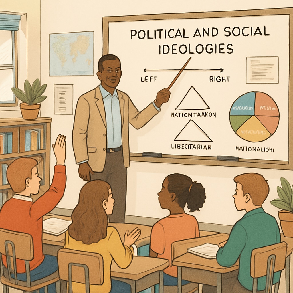 A teacher presenting diverse perspectives on political and social ideologies to foster balanced discussions. Teacher encouraging balanced discussions on wokeness in K12 classrooms.