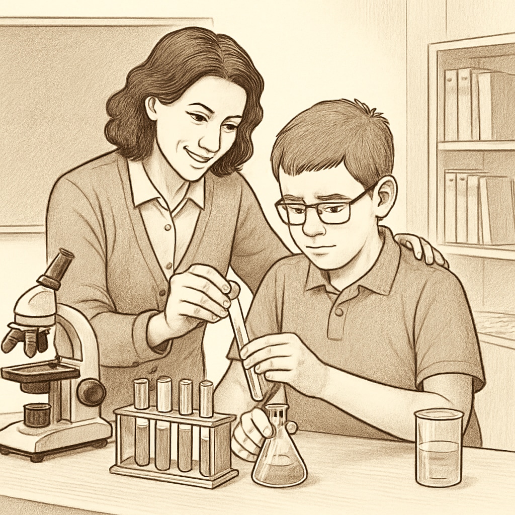 A teacher assisting a student with a learning disability in a science lab, illustrating hands-on support in education. The image reflects the importance of inclusive teaching methods. Teacher supporting a student with a learning disability in a lab setting.