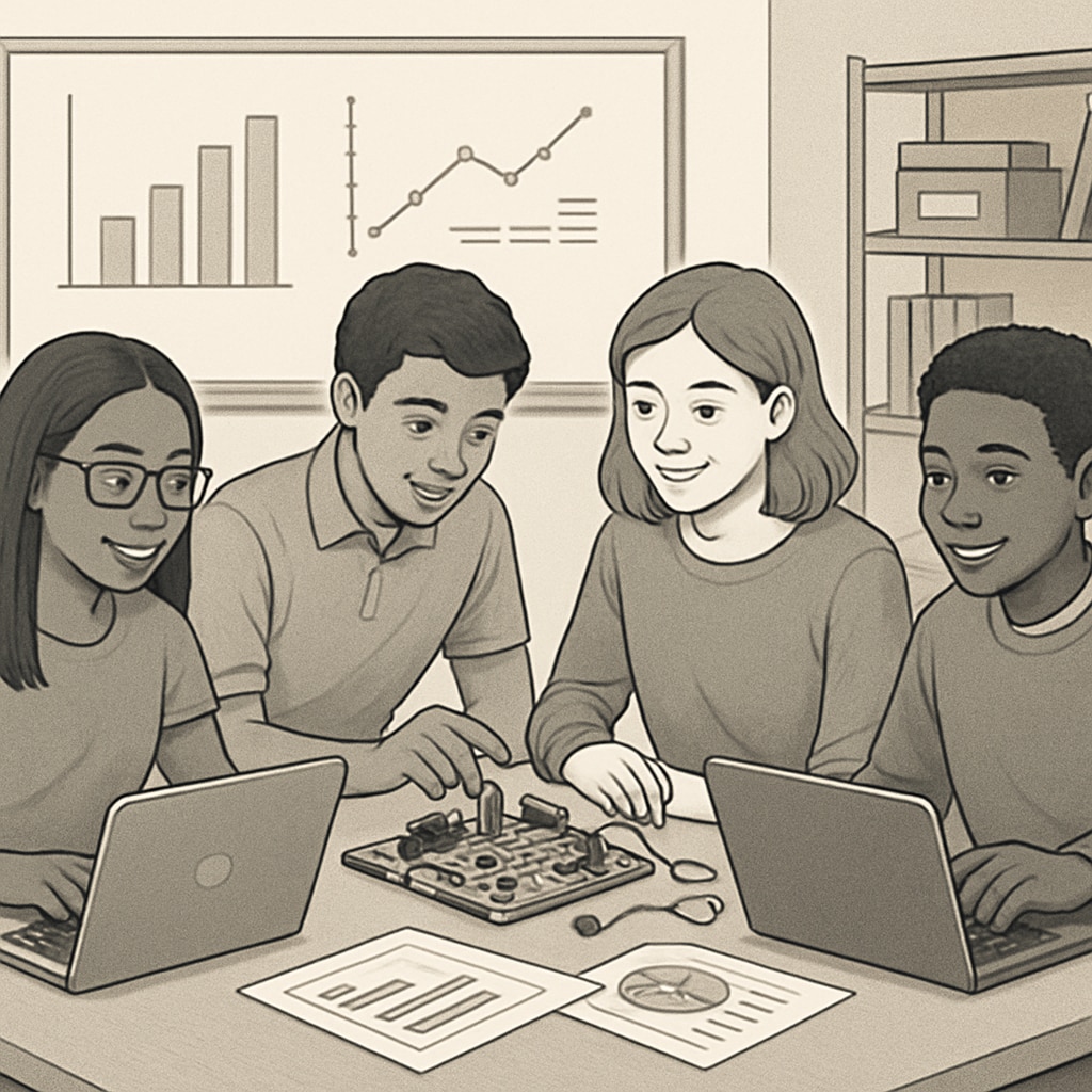 A group of students working on a STEM-based project in a classroom setting, symbolizing foundational skills for cybersecurity and data science. Students collaborating on STEM projects for cybersecurity and data science foundations