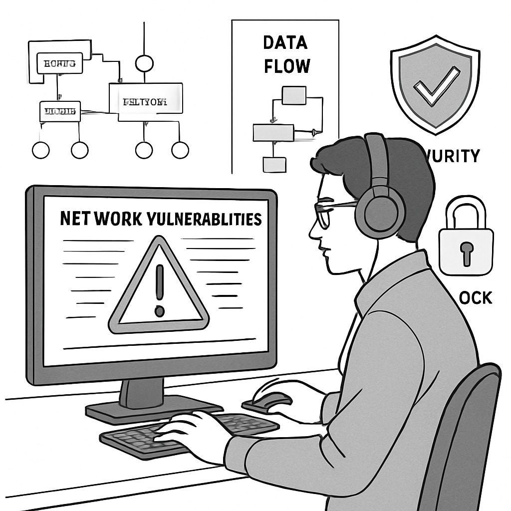 A technical illustration showing a cybersecurity specialist analyzing network vulnerabilities. Cybersecurity specialist analyzing network vulnerabilities.