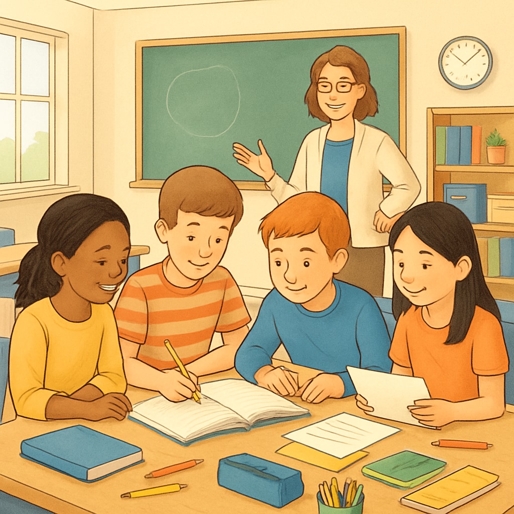 A group of students collaborating on a project in a supportive classroom environment. Students working together in a classroom setting, showcasing academic support.