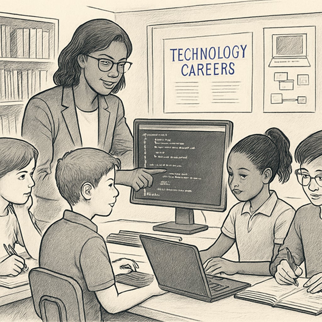 A teacher mentoring students on a coding project, emphasizing the importance of early exposure to technology careers. Teacher guiding students on coding to inspire future careers in cybersecurity and data science