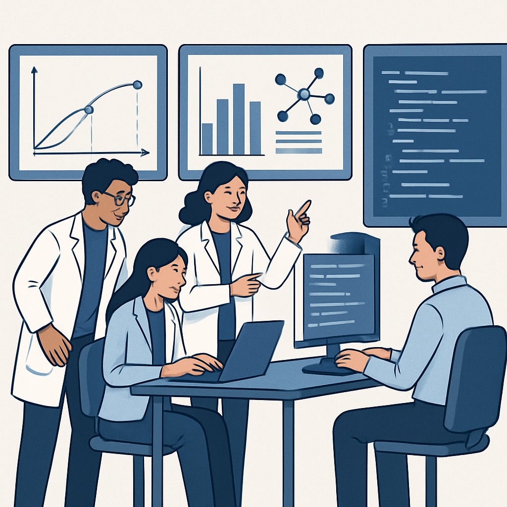 A general image of data scientists collaborating on a machine learning project using large screens. Data scientists collaborating on a machine learning project.