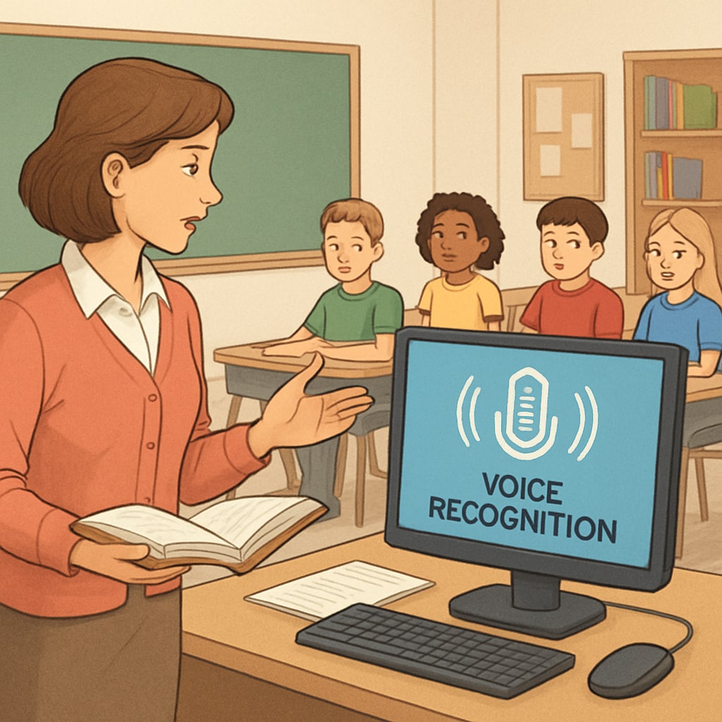 Teacher using voice recognition software in a classroom to improve education efficiency and student engagement.