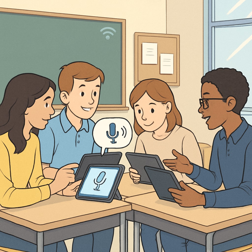 Students using voice recognition technology for interactive learning and collaboration in a classroom.