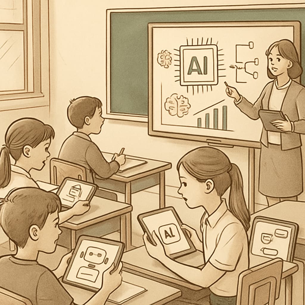 A classroom environment where students are using AI-based learning tools, such as tablets or smartboards, to study. Students in a classroom using AI tools for education and learning.