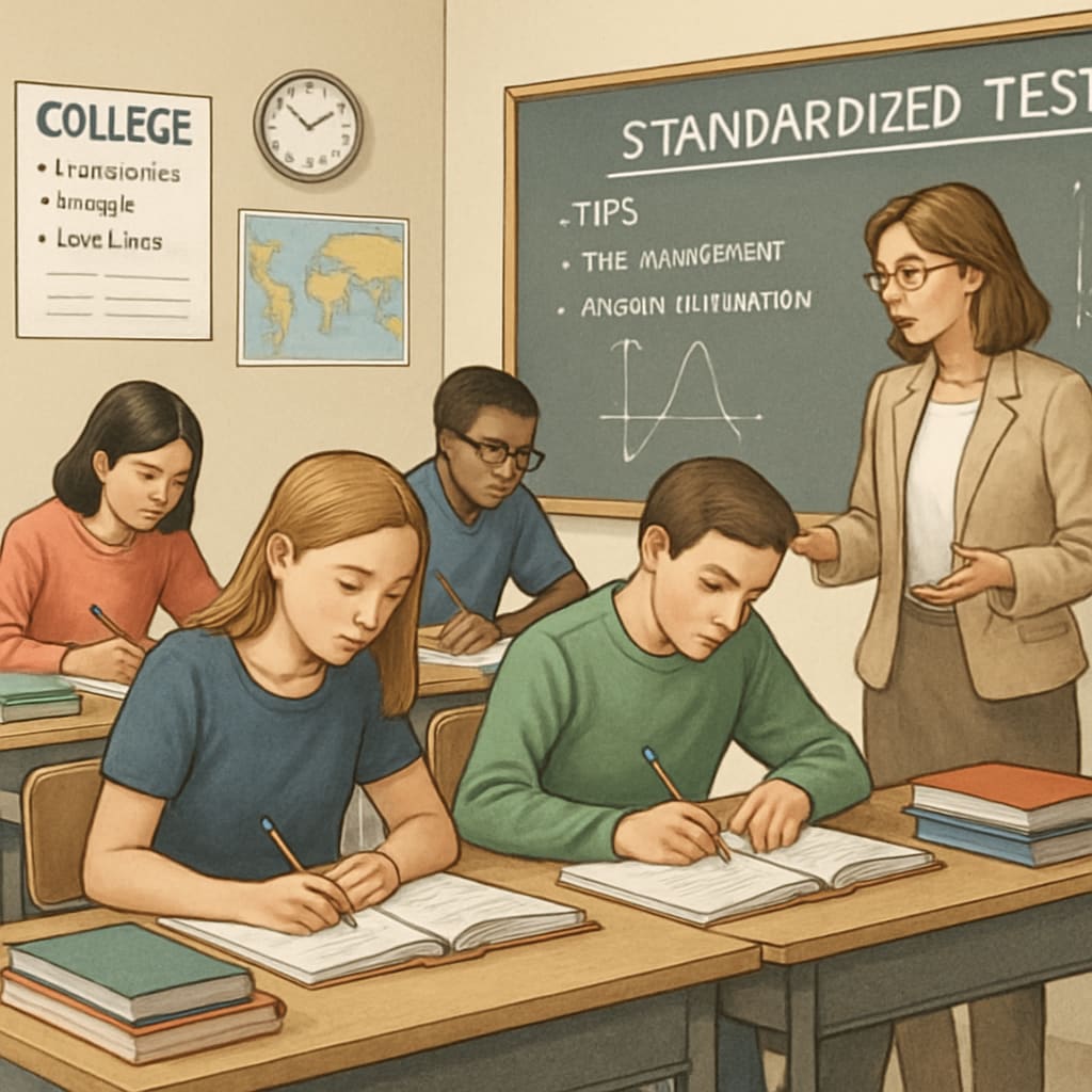A classroom setting where students are preparing for standardized college entrance exams, reflecting the pressure to achieve elite admissions. Students in a classroom preparing for standardized tests, illustrating elite education pressure.