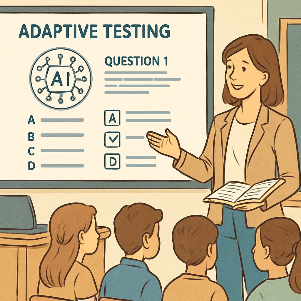 A teacher showcasing adaptive testing software to a group of students, highlighting the role of AI in personalized assessments. An educator demonstrating AI-powered adaptive testing in a classroom setting.