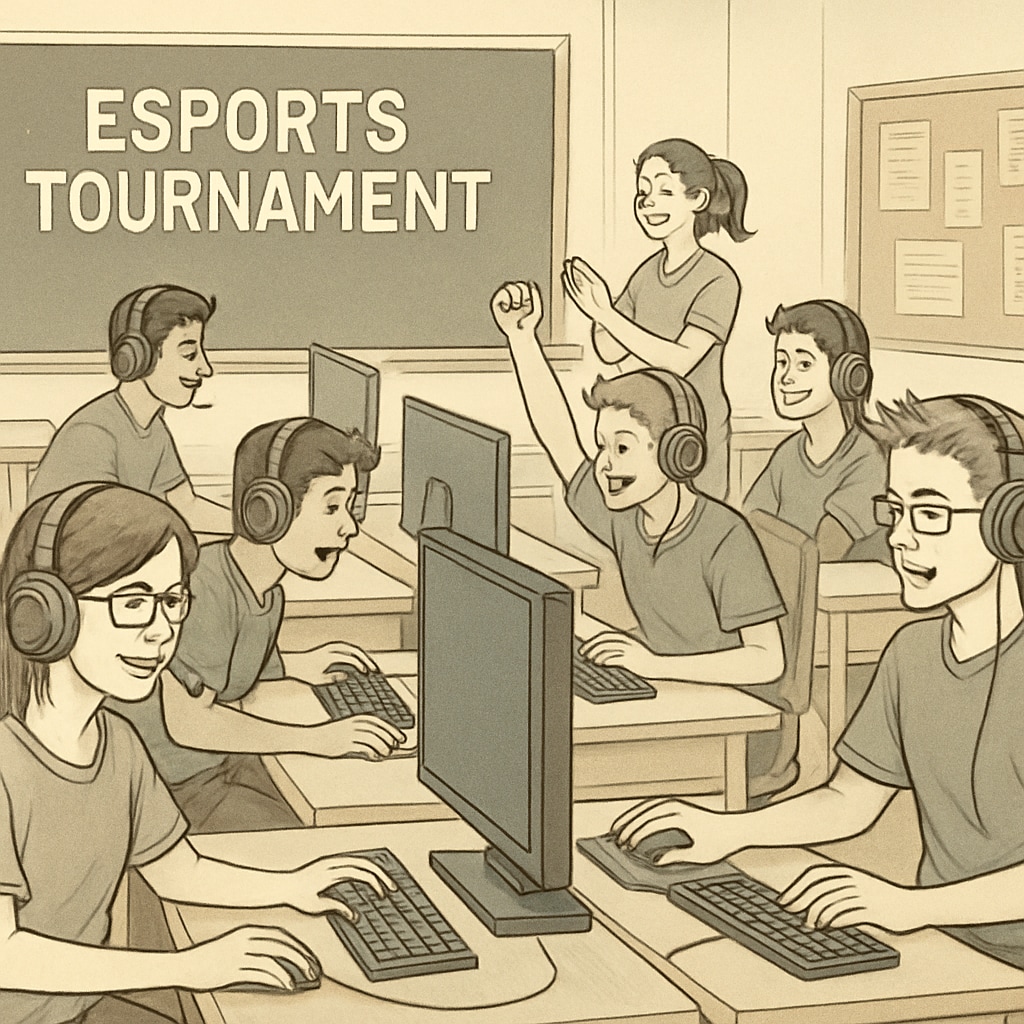 An esports tournament setting featuring students competing in a classroom environment, illustrating the integration of education and gaming. Esports tournament in a classroom environment showcasing the blend of learning and gaming.