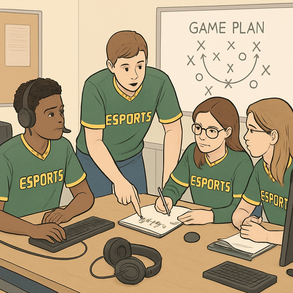 A high-school esports team collaborating on a game strategy during a practice session. High-school esports team discussing strategies, showcasing teamwork and problem-solving.