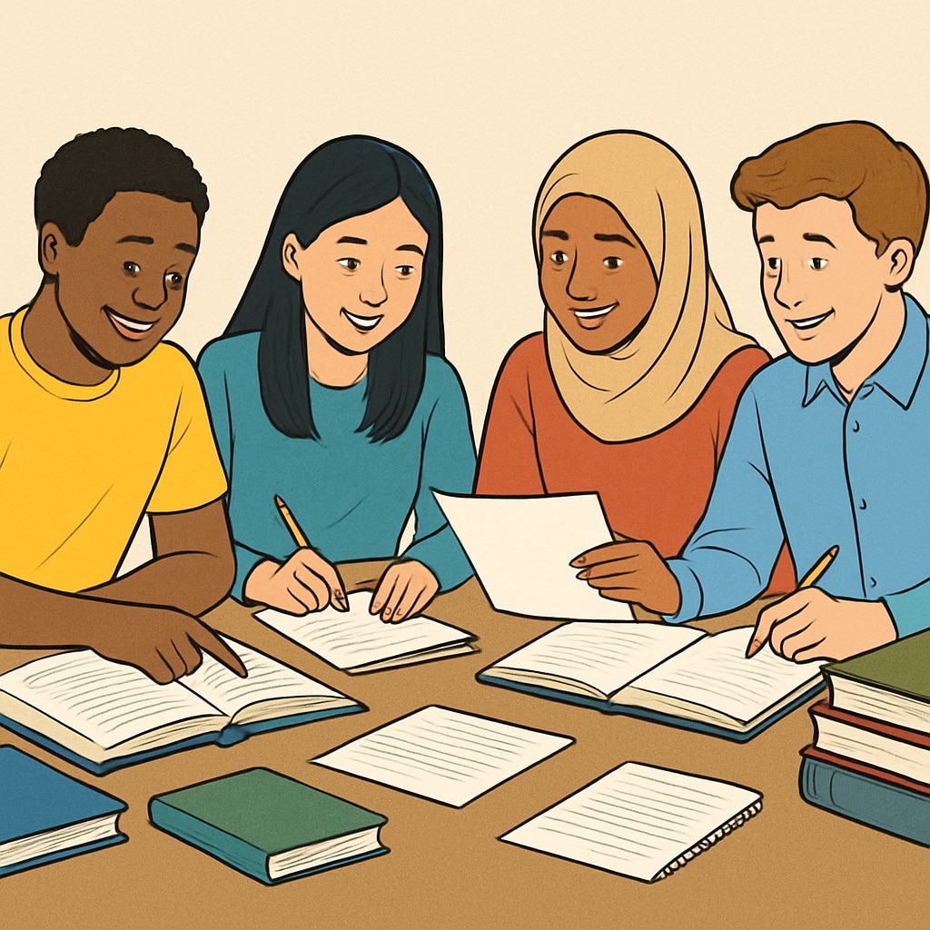 A diverse group of students studying together, symbolizing the range of talents Harvard seeks. Harvard admissions process diverse students studying together